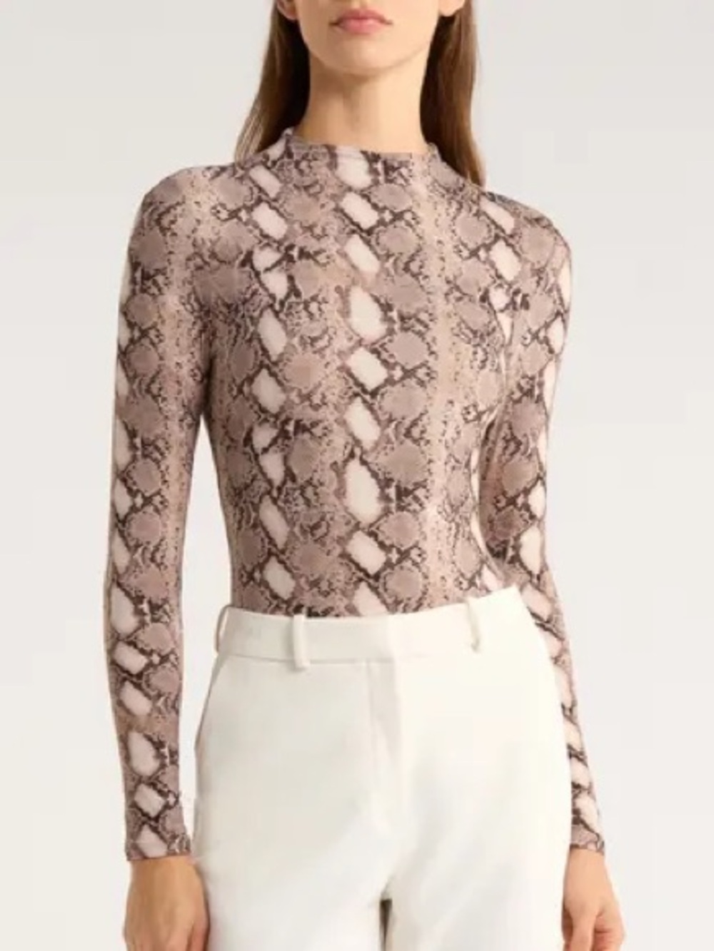 Naked wardrobe Snake-Print Long-Sleeve Mock Neck crop Top in Taupe size Small